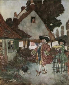 Aschenputtel: der Minister sucht in allen Hütten und Häusern des Königreichs nach dem Mädchen, das ihren Schuh aus Vair verloren hat, ca. 1910 von Edmund Dulac