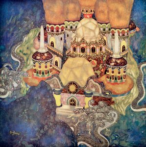 Der Palast des Drachenkönigs, Illustration aus dem serbischen Märchen Die Geschichte von Bashtchelik, aus Edmund Dulacs Märchenbuch: Märchen der Alliierten Nationen, veröffentlicht 1916