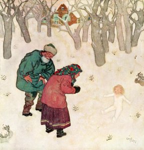 "Das zierlichste, hübscheste kleine Mädchen, das sie je gesehen hatten", Illustration aus dem russischen Märchen Snegorotchka, aus Edmund Dulacs Märchenbuch: Märchen der Alliierten Nationen, veröffentlicht 1916 von Edmund Dulac