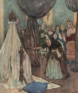 Dornröschen: Eine alte Fee beugt sich über die Wiege der Prinzessin und verflucht sie, ca. 1910