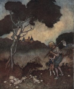 Dornröschen: Türme des Schlosses der Prinzessin erscheinen über den Bäumen von Edmund Dulac