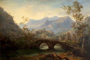 Gebirgige Landschaft mit Fluss, Brücke und Hütten, 19. Jahrhundert