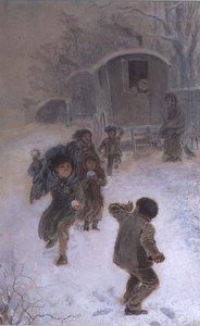Zigeunerkinder beim Schneeballwerfen