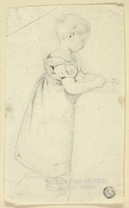 Kleines Mädchen steht am Schreibtisch und schreibt von Edmund Thomas Parris