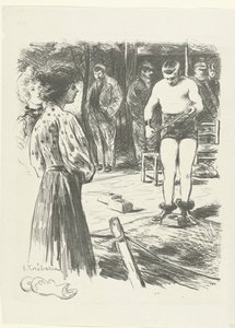 Zwei Frauen und Männer im Publikum schauen einem Wrestler zu von Edouard Crébassa