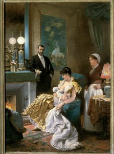 Vor dem Ball Eine Mutter im Abendkleid stillt ihr Baby, bevor sie mit ihrem Mann ausgeht und das Baby der Magd überlässt. Gemälde von Edouard Debat Ponsan (1847-1913). 1886. Museum der Schönen Künste Tours