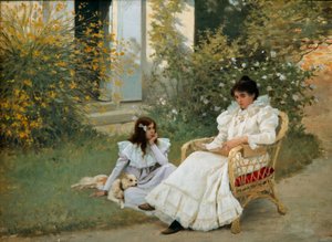 Mutter und Tochter in einem bretonischen Garten