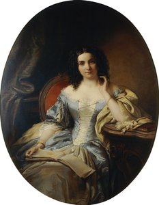 Porträt einer sitzenden Dame im blauen und weißen Kleid, 1853