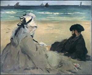 Am Strand. Porträt von Madame Edouard Manet (1830-1906) und Eugene Manet (1833-1892), die Frau und der Bruder des Künstlers in Berck-sur-Mer (Berck sur mer). Gemälde von Edouard Manet (1832-1883), 1873