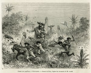 Eine Gruppe von Kindern jagt Schmetterlinge, begleitet vom Autor, in Villavicencio (Kolumbien), Zeichnung von Riou, um die Geschichte von Äquatorialamerika (Kolumbien, Ecuador, Peru) in 1875-1876 zu illustrieren, von Ed. André, Reisender im Auftrag der fra