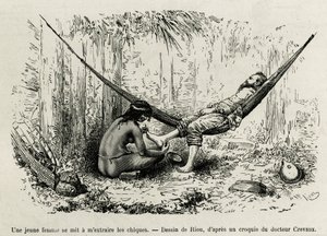Eine junge Roucouyan-Frau entfernt die Dornen, die sich während der Nacht in die Füße des Entdeckers gebohrt haben. Gravur von Riou, zur Illustration der Geschichte De Cayenne aux Andes, von Jules Crevaux, Arzt der französischen Marine, in den Jahren 1878-