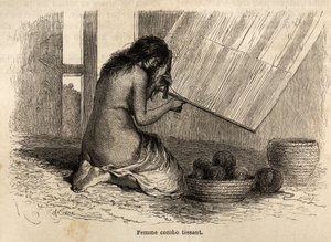 Ein Conibo-Indianer aus Peru beim Weben, Zeichnung von Riou zur Illustration der Reise von 1848 bis 1860 von P. Marcoy, vom Pazifik zum Atlantik. Gravur in „Le tour du monde“, herausgegeben von Edouard Charton