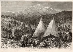 Ein Indianerlager im Utah-Territorium, am Ufer des Riviere Verte. Gravur nach der Zeichnung von E. Riou, um die Geschichte La conquete blanche von William Hepworth Dixon in 1875 zu illustrieren, veröffentlicht in "Le tour du monde" 1876, herausgegeben von  von Edouard Riou