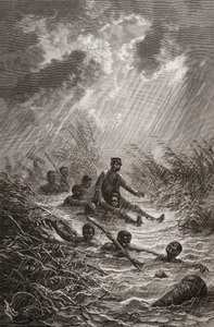 Dr. David Livingstone wird während seiner Expedition nach Afrika 1872 von Trägern durch einen Sumpf getragen, Illustration aus „Die Welt in den Händen“, graviert von Charles Laplante
