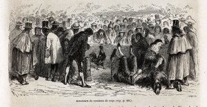 Kämpfer versammeln sich jeden Sonntag um die Cancha de Gallos (Zirkus von 30 Fuß Umfang), um den tödlichen Kämpfen der Tiere in Cuzco beizuwohnen, Zeichnung von Riou, zur Illustration der Reise durch Südamerika von 1848 bis 1860 von Paul Marcoy. Gravur
