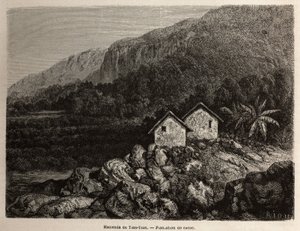 Hacienda von Tian Tian, Peru und Kakaoplantage, Zeichnung von Riou zur Illustration von Paul Marcoys Reise durch Südamerika von 1848 bis 1860. Gravur in „Le tour du monde“, herausgegeben von Edouard Charton von Edouard Riou