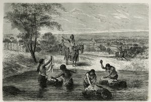 Die Wasserträger und Wäscherinnen von Cartago (Kolumbien), Gravur von Riou, zur Illustration der Geschichte von Amerika Equinoxiale von E. Andre, einer Mission im Auftrag der französischen Regierung, veröffentlicht in Le tour du monde, unter der Leitung vo von Edouard Riou