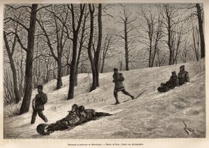 Schlitten und Schlittschuhläufer auf dem Plateau des Mont-Royal, in der Nähe von Montreal, Gravur nach einer Zeichnung von Riou, zur Illustration des Ausflugs nach Kanada und der Riviere Rouge du nord, von H. De Lamotte, 1873, veröffentlicht in „Le tour du