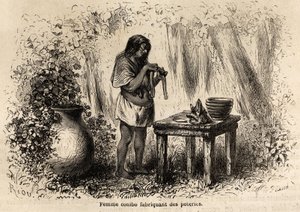 Herstellung von Töpferwaren durch einen Conibo-Indianer aus Peru, Zeichnung von Riou zur Illustration der Reise von 1848 bis 1860 von P. Marcoy, vom Pazifischen Ozean zum Atlantischen Ozean. Gravur in „Le tour du monde“, herausgegeben von Edouard Charton von Edouard Riou