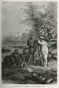 Beobachtung am Theodolit, Dr. Crevaux mit seinen Messinstrumenten und seinem Team von Führern und Trägern, bei voller Arbeitssitzung, Gravur nach einer Zeichnung von Riou, um die Geschichte De Cayenne aux Andes von Jules Crevaux, Arzt der französischen Mar von Edouard Riou
