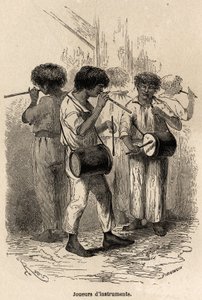 Spieler von Musikinstrumenten in Sarayacu (Peru), Zeichnung von Riou, zur Illustration von Paul Marcoys Reise vom Pazifischen Ozean zum Atlantischen Ozean von 1848 bis 1860. Gravur in „Le tour du monde“, herausgegeben von Edouard Charton von Edouard Riou