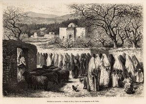 Prozession zum Marabout de Tlemcen (Grab mit einer Kuppel eines verehrten Mannes des Islam), graviert nach einer Zeichnung von E. Riou, zur Illustration der Reise nach Tlemcen (Algerien), von E. de Lorral, 1875, veröffentlicht in „Le tour du monde“ 1875, h von Edouard Riou