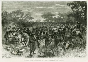 Das Lager von den Indianern überfallen. Gravur von Riou, zur Illustration der Geschichte „Voyage dans le Chaco Boreal“.