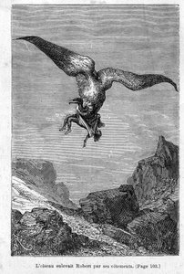Die Kinder des Kapitän Grant: Der Vogel entführte Robert an seinen Kleidern von Jules Verne, Edition Hetzel/Voyages Extraordinary 1868 von Edouard Riou