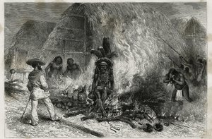 Die Einäscherung eines Roucouyenne (oder Wayana), Stammes, der entlang der Mana- und Maroni-Flüsse lebt, vor dem Scheiterhaufen, Dr. Crevaux, Gravur von Riou, um die Reise der Erkundung im Inneren von Guyana von Dr. Jules Crevaux, Arzt der französischen Ma von Edouard Riou