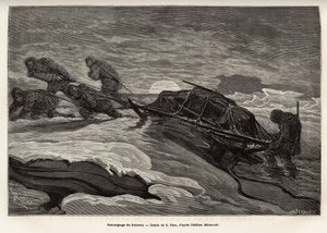Die Besatzung des Schiffes La Germania, die auf dem Eis für ein Jagdspiel abgestiegen ist, zog ihren Schlitten auf dem Eis, während die Sonne untergeht, graviert nach der Zeichnung von E. Riou, zur Illustration einer Reise zum Nordpol in den Jahren 1869-18 von Edouard Riou