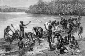 Die verschiedenen Aktivitäten des Stammes des Dorfes Adouma in Afrika. In „Reise in Westafrika“ von Brazza