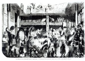 Der Vorabend der Abreise nach Amerika - Deutsche Auswanderer auf dem Weg in die USA im Zwischendeck eines amerikanischen Liners im Hafen von Le Havre, um 1850