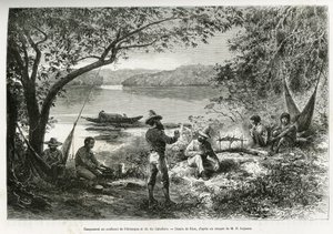 Das Lager der Entdecker, an der Mündung des Orenoque und des Cabullero-Flusses. Gravur von Riou, zur Illustration der Entdeckungsreise durch Neugranada und Venezuela, von Dr. Crevaux, erstklassiger Marinearzt und E.Lejeanne, Marinepharmazeut von Edouard Riou