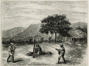 Die Herstellung der Cabuya, Schnur aus Fourcroya, in der Nähe von Cartago (Kolumbien), Gravur von Riou, zur Illustration der Geschichte von Equinoxiale America von E. Andre, Missionsauftrag der französischen Regierung, veröffentlicht in Le tour du monde, u von Edouard Riou