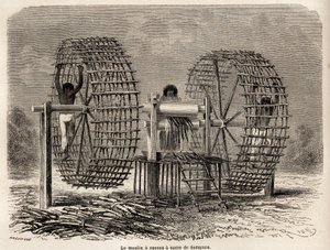 Die Zuckerrohrmühle von Sarayacu (Peru), Zeichnung von Riou zur Illustration von Paul Marcoys Reise vom Pazifik zum Atlantik von 1848 bis 1860. Gravur in „Le tour du monde“, herausgegeben von Edouard Charton
