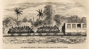 Der Wagen der Armen der paraguayischen Züge, einfache Plattformen, die an das Ende der Züge angehängt sind, auf denen sich die Passagiere nach der Abfahrt vom Bahnhof Assumption übereinander stapeln, Gravur nach der Zeichnung von E. Riou, zur Illustration 