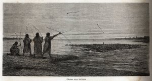 Schildkrötenjagd unter den Conibo-Indianern von Peru. Zeichnung von Riou zur Illustration der Reise von 1848 bis 1860 von P. Marcoy vom Pazifik zum Atlantik. Gravur in „Le tour du monde“, herausgegeben von Edouard Charton von Edouard Riou