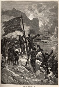 Die Besatzung von Tyson, nach mehreren Tagen auf einem Eisberg treibend, sah schließlich einen Walfänger und schwenkte die amerikanische Flagge, um gesehen und gerettet zu werden, graviert nach einer Zeichnung von E. Riou, zur Illustration der Geschichte d