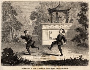 Chinesische Kinder spielen am Rad (Lederball, schwere Metallringe und drei lange Federn), unter der Aufsicht ihrer Mutter. Zeichnung von Vaumort zur Illustration der Reise von Shanghai nach Moskau 1859-1862 von M. de Bourboulon, französischer Minister in C