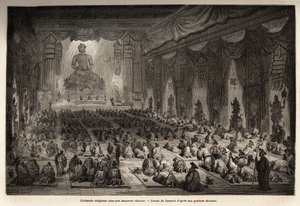 Religiöse Zeremonie in einer chinesischen Lamasserie, Zeichnung von Vaumort (?-1886), zur Illustration der Reise von Shanghai nach Moskau von 1859 bis 1862 von M. de Bourboulon, französischer Minister in China. Gravur in „Le tour du monde“, herausgegeben v