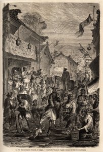 Die Straße der Kleiderhändler, Kalgan, Mongolei. Zeichnung von Vaumort zur Illustration der Reise von Shanghai nach Moskau von 1859 bis 1862 von M. de Bourboulon, französischer Minister in China. Gravur in „Le tour du monde“, herausgegeben von Edouard Char