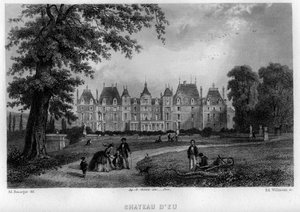 Ansicht des Schlosses von Eu, Seine-Maritime (Seine Maritime), Haute-Normandie, Frankreich. Gravur von Willmann in „La France ancienne et moderne“ von Jean-Bernard Mary-Lafon (Jean Bernard Mary Lafon) von Edouard Willmann