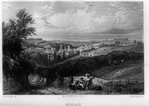 Ansicht der Stadt Morlaix, Finistère, Bretagne, Frankreich. Gravur von Willmann in „La France ancienne et moderne“ von Jean-Bernard Mary-Lafon