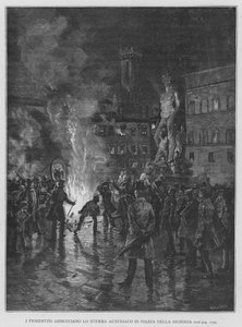Die Florentiner verbrennen das österreichische Wappen auf der Piazza della Signoria (Gravur)