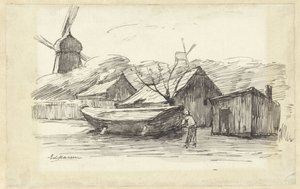 Boot, Häuser und eine Windmühle