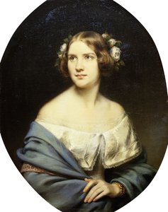 Porträt von Jenny Lind, stehend, halblang in einem weißen Kleid und einem hellblauen Schal von Eduard Magnus