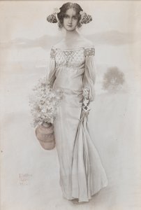 Ein Mädchen mit einem Krug und einem Blumenstrauß, 1914 von Eduard Veith