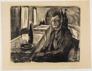 Selbstbildnis mit Weinflasche von Edvard Munch