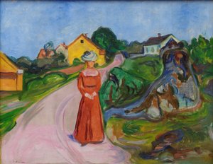 Straße in Åsgårdstrand und eine Frau im roten Kleid von Edvard Munch