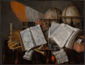 Ein Vanitas-Stillleben mit einer Flagge, einem Kerzenhalter, Musikinstrumenten, Büchern, Schreibutensilien, Globen und einer Sanduhr